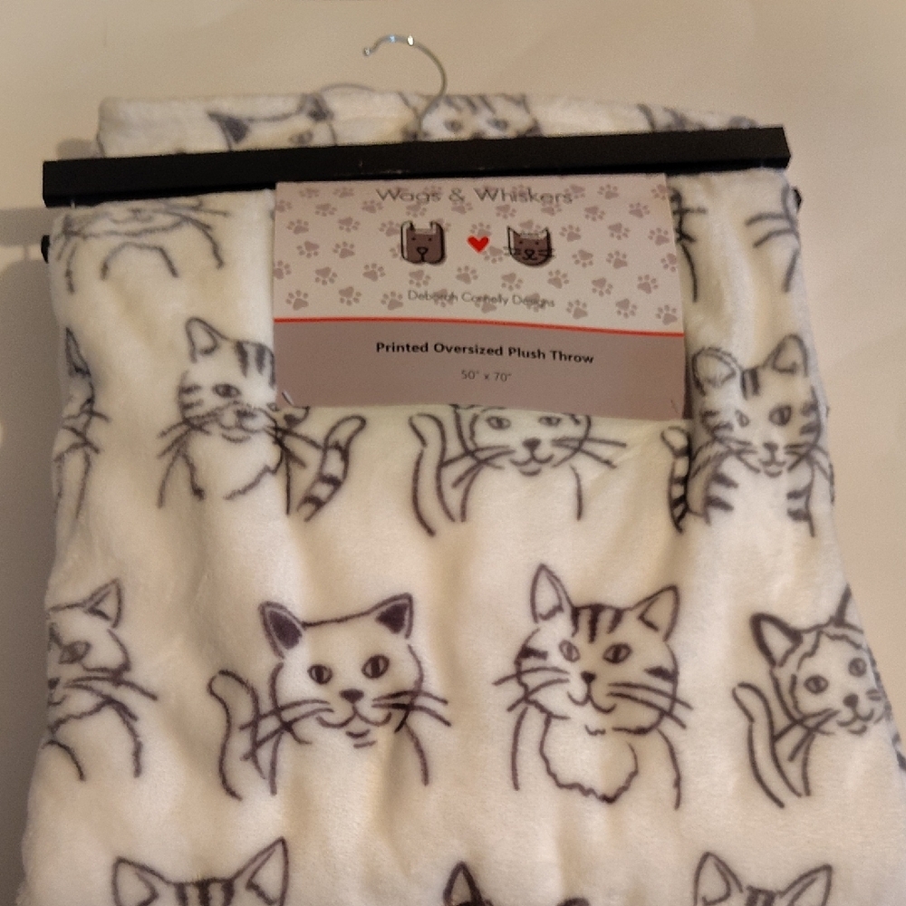 White Plush Throw with Cat Print
